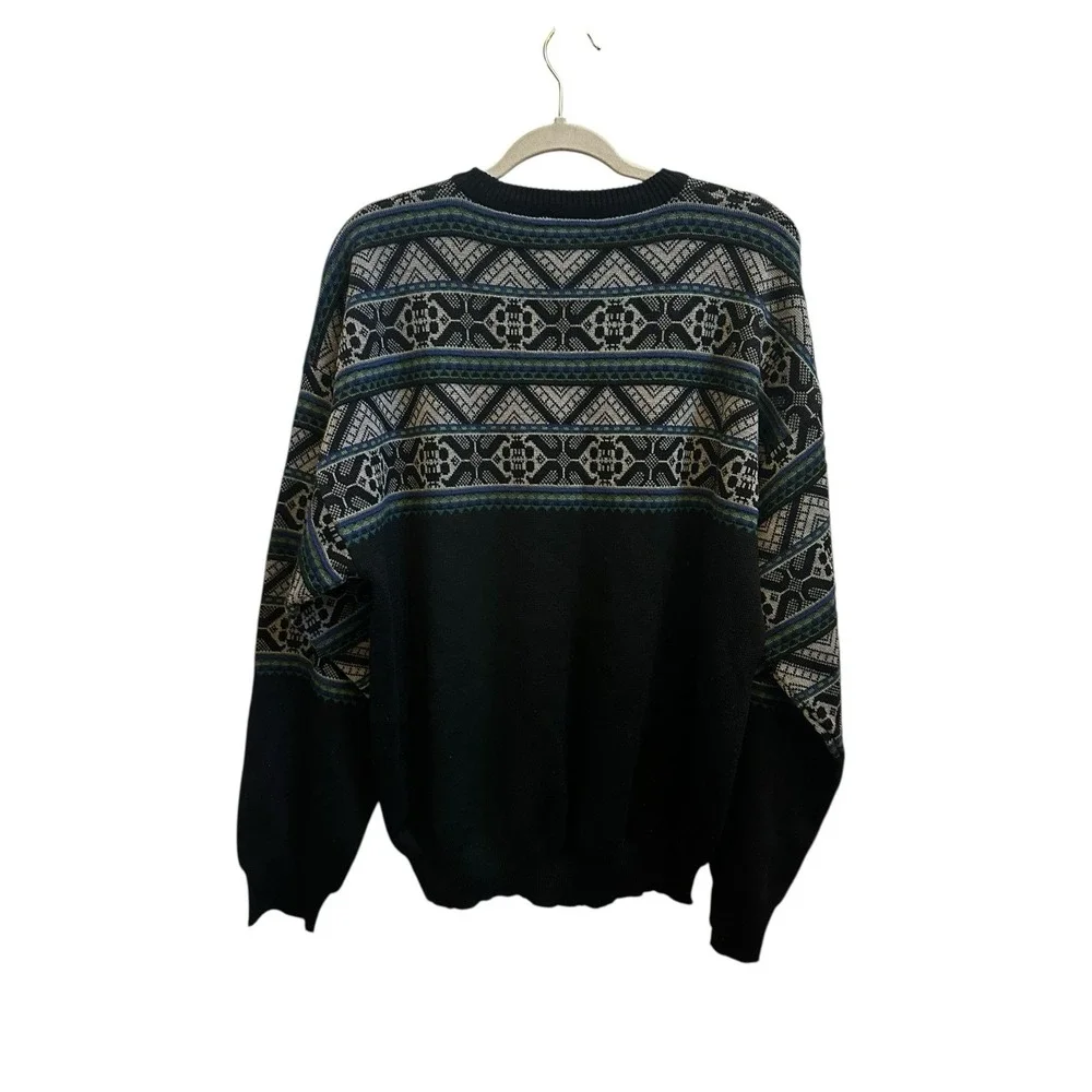 Demetre Vintage Mens Ski Sweater Wool Blend Fair Isle 90s Black Sz XL USA Made‎